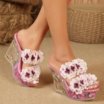 Transparent PVC Flowers Sexy 11CM High Heels Sandals Women Platform Wedges Knitted Floral Slippers Ladies Nightclub Party Shoes 34 rožinė