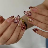 Manicure Long Almond False Nails French Aurora Press on Nails Gilding Flower Tomato Detachable Nail Tips Women
