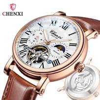CHENXI Skeletas Automatinis Mechaninis Mėnulio Fazės Laikrodis Ant Riešo Prabangus Tuščiaviduris Tourbillon Laikrodis Vyrams Odinis Dirželis Verslo Laikrodis balta/ruda