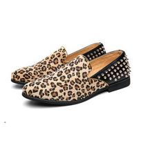 Leopard Men Loafer Slip On Designer Rivets Stud Shoes Punk Style Men Fashion Shoes Handmade Moccasins British Style Club Shoes 42 beige