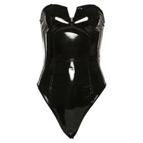 Erotic underwear European and American style autumn and winter new women's clothing creative backless sexy slim PU onesie women S