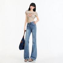Spring Summer Double Button Waistband Micro Flare Elegant Stretch Casual Denim Pants For Women Casual Pants Oversize Denim Trousers XS