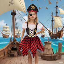 Vaikų piratų kostiumų rinkinys apima suknelę, skrybėlę ir akių raištį Vaikų piratų apranga Helloweenui, vaidmenų žaidimams ir teminiams vakarėliams L raudona