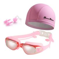 with Nose Clip, and Ear Plugs Silicone Swim Cap Adjustable Diving Eyewear  Summer Electroplated Pink