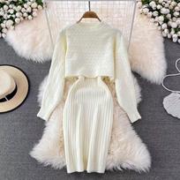 Female sweater girl clothes autumn/Winter Korean Lazy Sweaters Women's Loose Chic Top Two Piece Set Knitted Strap Vest Dress One Size balta