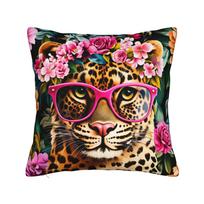 Leopard In Pink Glasses Flower Crown Pillow Case Comfy Pillow Cover Funny Cushion Cover For Chair Sofa Home Decor Peach skin 55*55(CM)-1Pcs pink