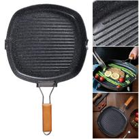 Foldable Portable Outdoor Grill Pan - Anti-Scald Wooden Handle, Double-Sided Steak Pan for Picnic, No Lid