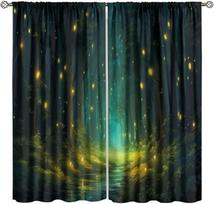 Enchanted Forest  Curtains – Glowing Fireflies & Misty Trees in Night Scene, Rod Pocket Drapes for Bedroom or Living Room 60×150cm