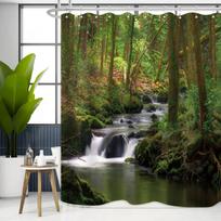 Nature Shower Curtain Flowing Stream Forest Waterfall Natural Landscape Green Trees Jungle Mossy Rocks Themed Scenery Waterproof 90x180cm