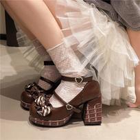 Sweet Girls Lolita High Heels Platform Shoes ,Young Women Students Cute Chocolate Candy Bowknots Ankle Strap Mary Janes 35 tamsiai ruda spalva