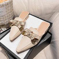 Summer New Shoes for Women Leather Slipper France Style Pointed Toe Casual Sandals Girl Match Dress Heels Slides 35 chaki