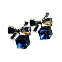 1 Pair Fashion Faux Crystal Bowknot Cube Ear Stud Earring Jewelry Accessory for Party mėlyna