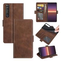Sony Xperia 1 III dvipusis magnetinis užsegimas, horizontalus atverčiamas odinis dėklas su laikikliu, kortelių lizdais ir pinigine For Sony Xperia 1 III ruda