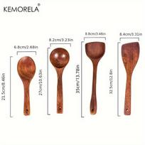 KEMORELA 4 vnt. Virtuvės įrankių rinkinys Virtuvės gaminimo įrankiai Medinis kastuvėlis Samtelis Nelipnus maisto gaminimo kastuvėlis Mentelė Šaukštas Maisto kastuvėlis