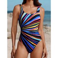 Summer Sexy Geometric Pattern Printed One-piece Swimsuit Slim Fit and Slimming, Deep U-back Design, Beach Pool Vacation Eye-catching Fashion Swimsuit XS mėlyna