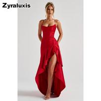 Sexy Lace Up Backless Ruffled Irregular Dress for Women Party Evening Gown S raudona