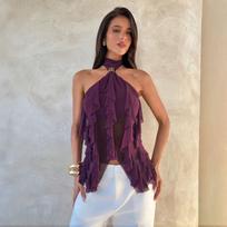 Purple Halter Mesh Ruffled Off Shoulder Sleeveless Sexy Women Casual Top S fuksija