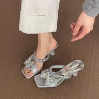 Women Crystal High Heels Slippers Luxury Sexy Sandals Square Toe Shoes Summer 2025 New Designer Party Shoes Open Toe Flip Flops 35 sidabras