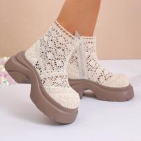 Sexy Hollow Out Side Zip Ankle Boots Women 2025 Autumn Chunky Platform Super High Heel Boots Lace Thick Bottom Booties 35 balta