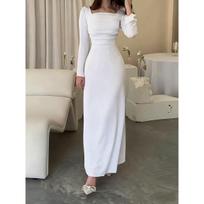 Women's Square Neck Long Flare Sleeve Midi Maxi Dress Ruched Bust Slim Fit Solid Knit Evening Party Long Dress S balta