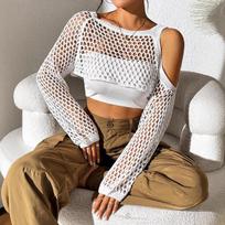 Womens Sexy Hollow Out Mesh Off Shoulder Long Sleeve Crop Top one size balta