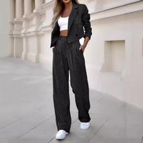2 Pcs/Set Women Coat Pants Set Commute Formal Style Turn-down Collar Long Sleeve Jacket High Waist Striped Wide Leg Pants Set Lady Business Outfit XXL juoda