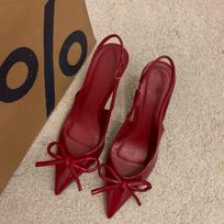 Instagram Style ~ Pointed-Toe High Heels, Sexy Red Bow Single Shoes, Open Back, French Toe Cap Sandals, Women'S Thin Heels 34