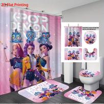 4 vnt. K-Pop Demonas Medžiotojai Spausdinamas Vonios 4 dalių rinkinys 180x180 Vandeniui atspari Dušo užuolaida, Grindų kilimėlis, Tualeto kilimėlis, U formos kilimėlis