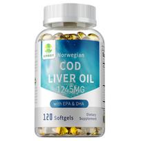 Airboy Norvegiškos menkių kepenų aliejaus minkštos kapsulės, kurių sudėtyje yra EPA ir DHA, 1245 mg per porciją, be GMO. 120 blue