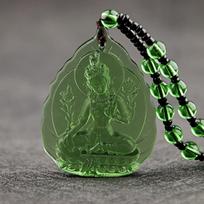 Green Tara Pendant Necklace Carved Resin Amulet with Beaded Chain Spiritual Meditation Jewelry for Men and Women Protective Talisman One Size