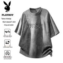 PLAYBOY Men's Summer Loose Fit Crew Neck T-Shirt M tamsiai pilka spalva