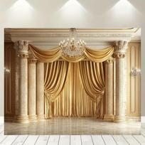 A luxurious gold and white polyester background fabric with grand arches chandeliers and curtain designs 100x150cm
