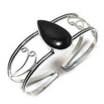 Natural Black Onyx Gemstone 925 Sterling Silver Cuff Bangle Adjustable AC-1434