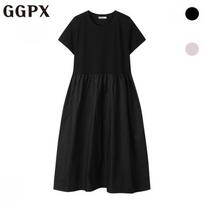 Ggpx Colorblock Shirring Flare Short Sleeve Dress  Gp2op041f blacks/F