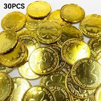 30 vnt. laimingas dobilas, plastikinės piratų monetos gimtadieniui, Šv. Patriko dienai. Šv. Patriko dienos tematikos vakarėlio dovanėlės ir dekoracijos 30Pcs auksinė