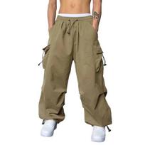 Men Baggy Cargo Pants Solid Color Parachute Pants Loose Fit Jogger Trousers with Side Pockets for Street Outdoor Sports M chaki