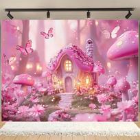 1pcs Magical Forest Fairy Tale Background Cloth - Magical Mushroom House and Pink Flower Butterfly Design  No Power Required 180X110