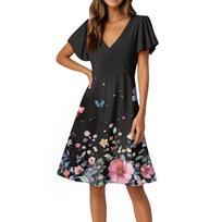 Women's Floral V Neck Dress Short Sleeve Flare Sleeve Casual A Line Knee Length Dress Lightweight Summer Dress XXL juoda