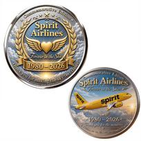 Spirit Airlines Commemorative Coin Alloy Printed Collectible Aviation Theme Coin Flat Design Limited Edition 1980 to 2026 Souvenir One Size