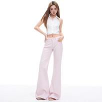 Spring Summer Vintage Pink Dopamine Micro Flare Denim Pants For Women Casual Pants Oversize Denim Trousers XS