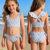 Mergaitei dviejų dalių maudymosi kostiumų komplektas Gėlių raštas, raukiniai kraštai Tankini viršus ir bikini kelnaitės Maudymosi kostiumai vaikams Vasaros paplūdimys Baseinas 3Y mėlyna