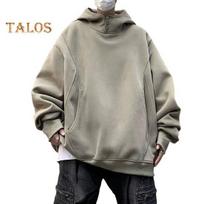Rudens žiemos vyriškas džemperis su gobtuvu, didelėmis kišenėmis, sagomis, laisvaisais elastiniais rankogaliais, šiltas megztukas, vidutinio ilgio, hip hop stiliaus, vienspalvis viršutinis drabužis sportui, kasdieniam dėvėjimui M abrikosas