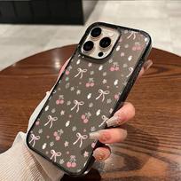 Cartoon Pink Cherry Small Bow Glitter Clear Phone Case For iPhone 17 16 15 Pro Max 14 13 12 11 7 8 Plus 16E 17E XS XR X 17 Cover iPhone SE (2022) gray