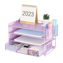 Desk Organizers 4-Tiered File Letter Tray Document Organizers with Magazine Stand Drawer & 2 Pen Cups for Office violetinė