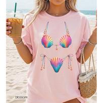 Smagus kriauklių bikini 3D spaudinys Jūros paplūdimio marškinėliai moterims Personalizuotas atostogų stilius Kvėpuojantys laisvi marškinėliai Vasaros laisvalaikis S beige