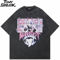 Hip Hop  Washed Black TShirt Streetwear Harajuku Anime Cartoon Graphic T Shirt Cotton Men Tshirt Unisex Tops Tee Hipster S įvairiaspalvis