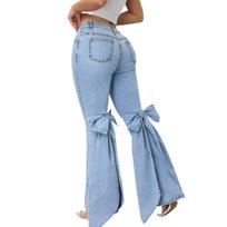 Women's High Rise Bow Flare Jeans Slim Fit Streetwear Split Hem Spliced Denim Trousers S šviesiai mėlyna spalva
