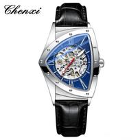 CHENXI Klasikinis vyriškas automatinis mechaninis laikrodis su automatiniu užvedimu, kiauraviduris, šviesus, asmenybės, skeletinis, trikampio formos, vandeniui atsparus riešinis laikrodis Leather mėlyna