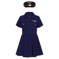 Merginos piloto kostiumas Cosplay, atverčiama apykaklė, trumpos rankovės, su atvartinėmis kišenėmis, priekyje užtrauktukas, su skrybėle 8-10 Years tamsiai mėlyna spalva