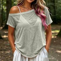 Women Casual Off Shoulder Sheer Short Sleeve T Shirt Loose Fit Lightweight Summer Top with Relaxed Silhouette M